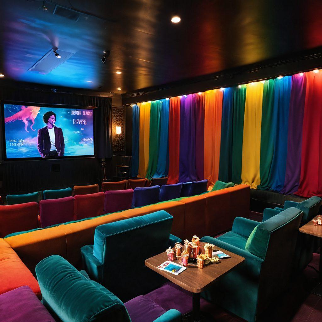 A vibrant scene depicting a cozy, intimate film screening room adorned with rainbow-colored banners, plush seating, and a large screen showcasing silhouettes of iconic LGBTQ adult film characters. Dimmed lights create a sultry ambiance, while popcorn and rainbow cocktails sit on a nearby table. The overall atmosphere is inviting and playful, celebrating diversity and sensuality in film. super-realistic. vibrant colors. cozy ambiance.